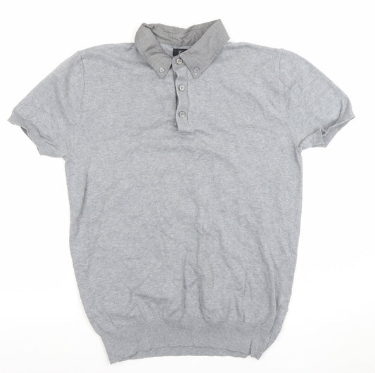 F&F Men's Grey Short Sleeve Button-Down Knit Collar Polo Shirt Size S