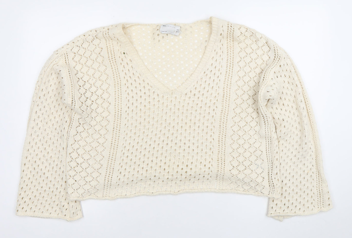 ASOS DESIGN Women’s Ivory Open-Knit V-Neck Cotton Jumper Size 10