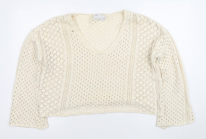 ASOS DESIGN Women’s Ivory Open-Knit V-Neck Cotton Jumper Size 10
