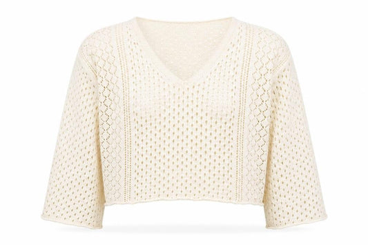 Front view of ASOS DESIGN Women’s Ivory Open-Knit V-Neck Cotton Jumper, size UK 10