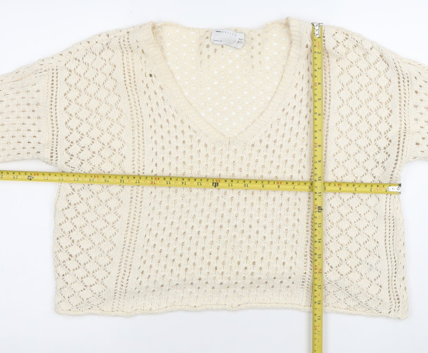ASOS DESIGN Women’s Ivory Open-Knit V-Neck Cotton Jumper Size 10