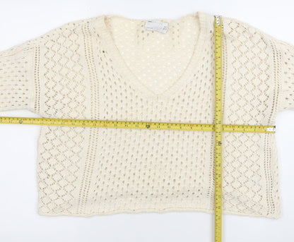 ASOS DESIGN Women’s Ivory Open-Knit V-Neck Cotton Jumper Size 10