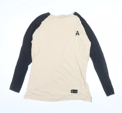 Aces Couture Men Beige Black Long Sleeve Crew Neck T-Shirt Size L