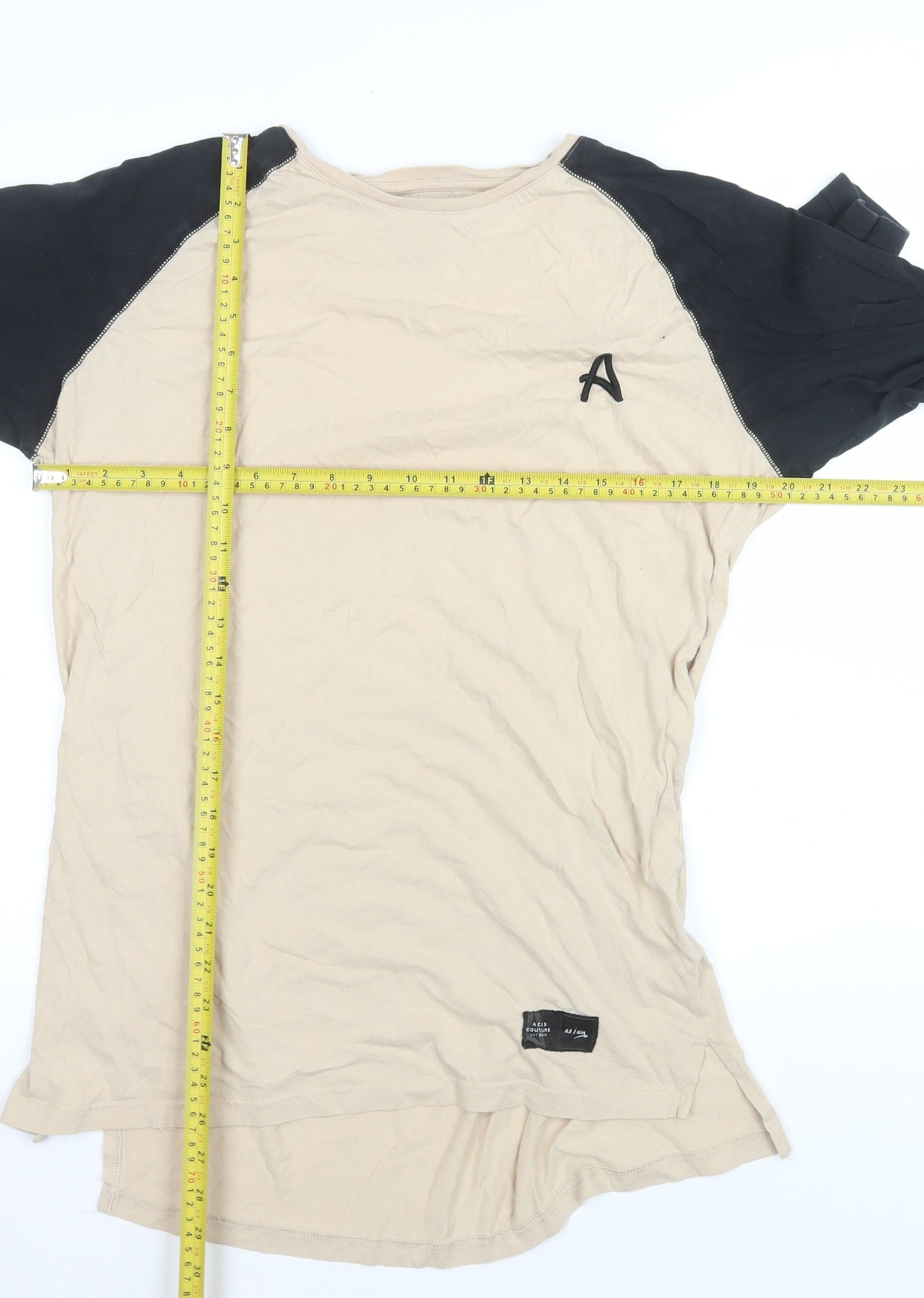 Aces Couture Men Beige Black Long Sleeve Crew Neck T-Shirt Size L