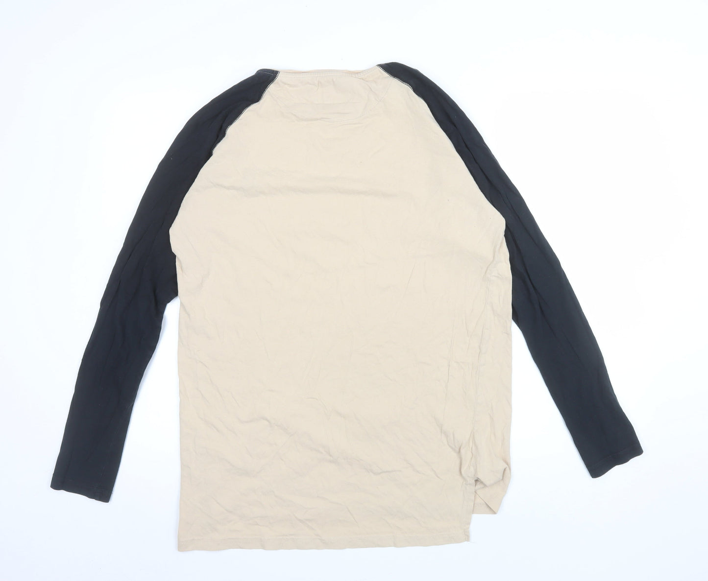 Aces Couture Men Beige Black Long Sleeve Crew Neck T-Shirt Size L