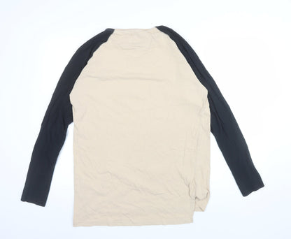 Aces Couture Men Beige Black Long Sleeve Crew Neck T-Shirt Size L