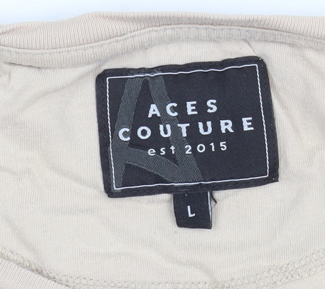 Aces Couture Men Beige Black Long Sleeve Crew Neck T-Shirt Size L