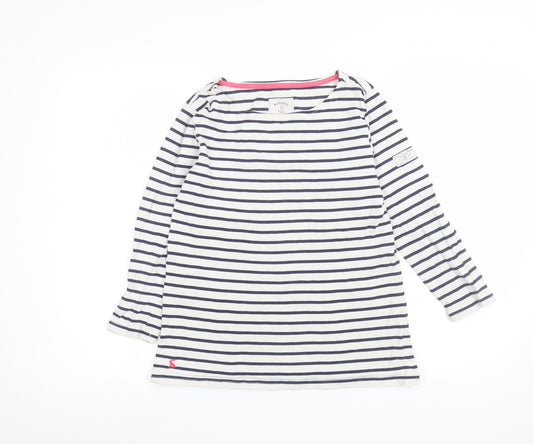 Joules Women's White Navy Striped Boat Neck Long Sleeve Cotton T-Shirt Size 10