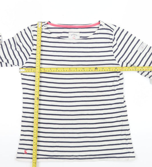 Joules Women's White Navy Striped Boat Neck Long Sleeve Cotton T-Shirt Size 10