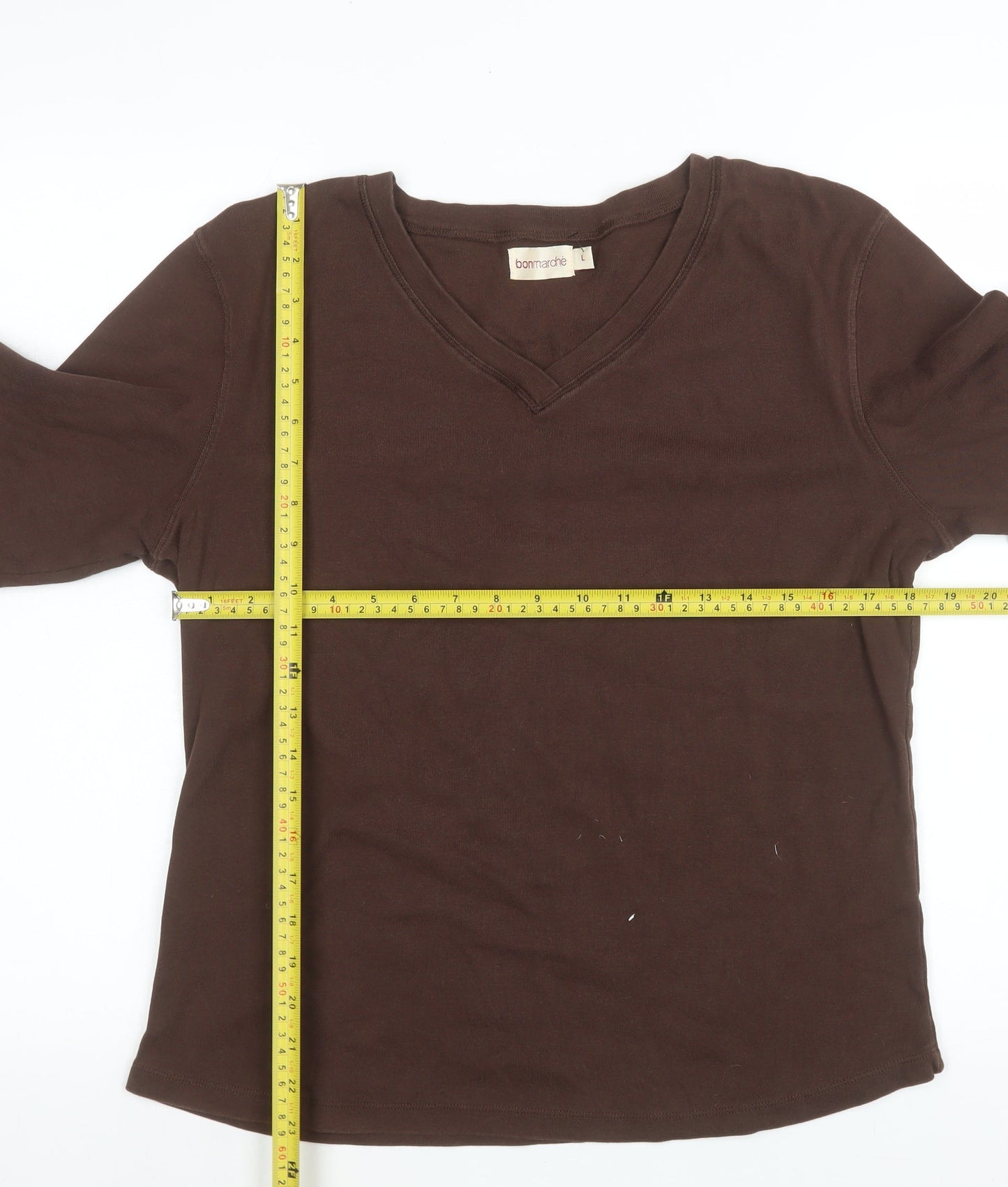 Bonmarché Women's Brown Long Sleeve V-Neck Cotton Top L