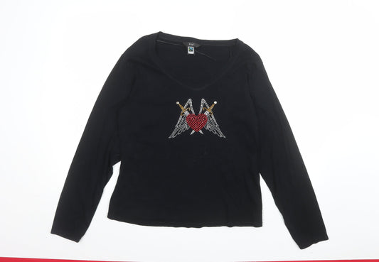 F&F Women’s Black Beaded Heart Long Sleeve V-Neck Jersey Top Size 20