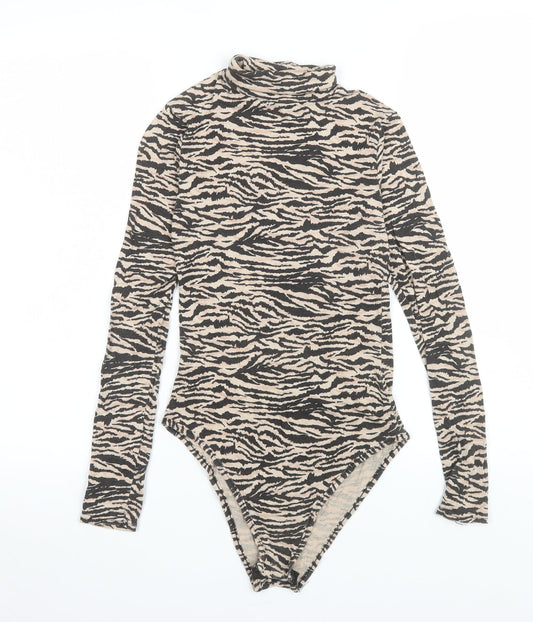 I Saw It First Women’s Beige Black Animal Print Long Sleeve Bodysuit Size 6