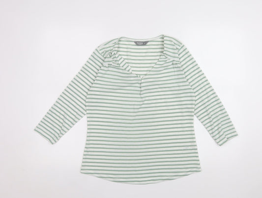 Nutmeg Womens Green White Striped V-Neck Long Sleeve T-Shirt Size 10