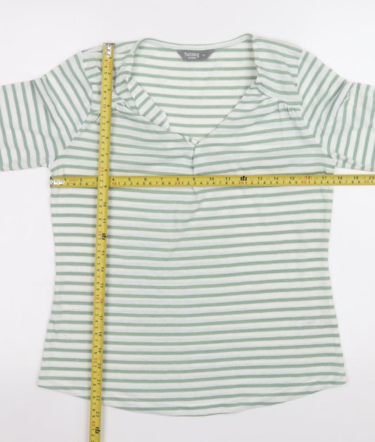 Nutmeg Womens Green White Striped V-Neck Long Sleeve T-Shirt Size 10