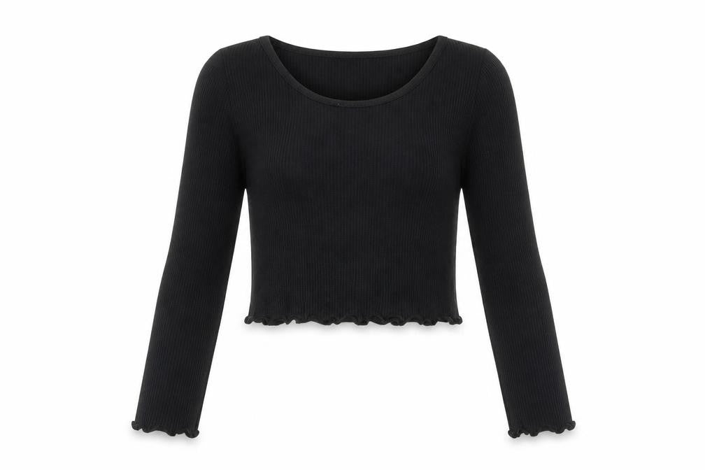 Front view of Peacocks girls’ black cropped ribbed long sleeve t-shirt 9-10 years