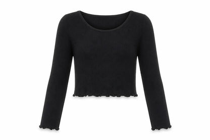 Front view of Peacocks girls’ black cropped ribbed long sleeve t-shirt 9-10 years