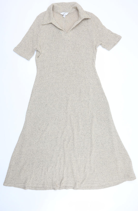 Marks and Spencer Women Beige Size 14 Collared Knit Midi Dress