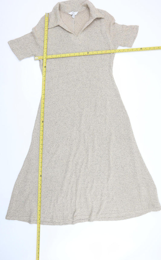 Marks and Spencer Women Beige Size 14 Collared Knit Midi Dress