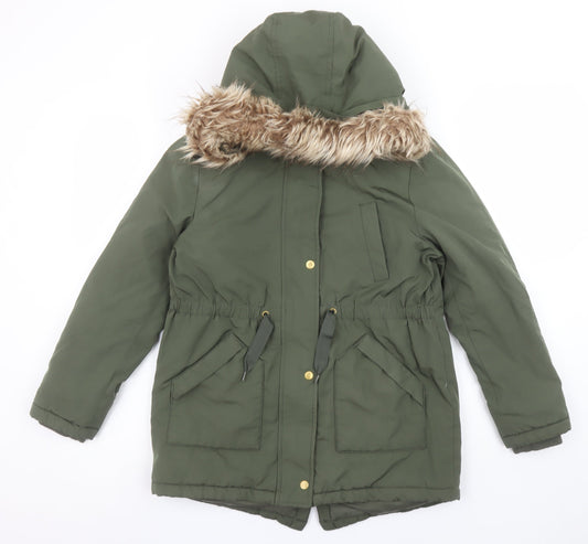 Marks and Spencer Girls Green Hooded Parka Coat 11-12 Years Faux Fur Trim