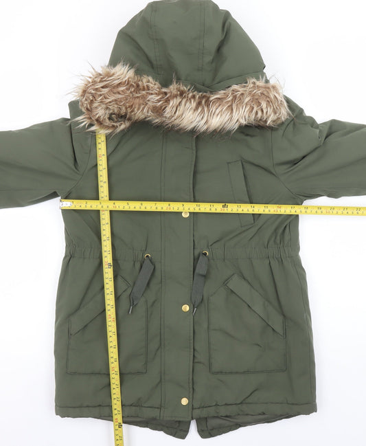 Marks and Spencer Girls Green Hooded Parka Coat 11-12 Years Faux Fur Trim