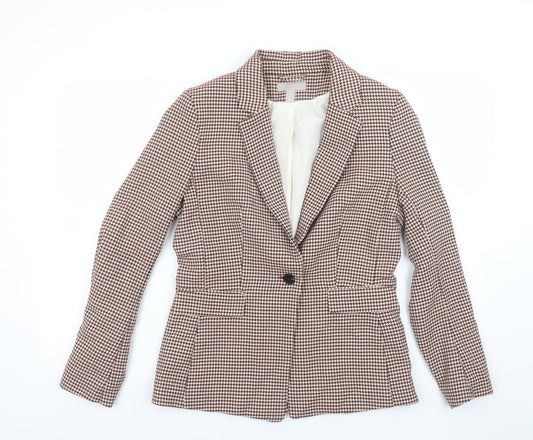 H&M Women Brown Houndstooth Blazer UK 12 Single-Breasted Tailored Jacket