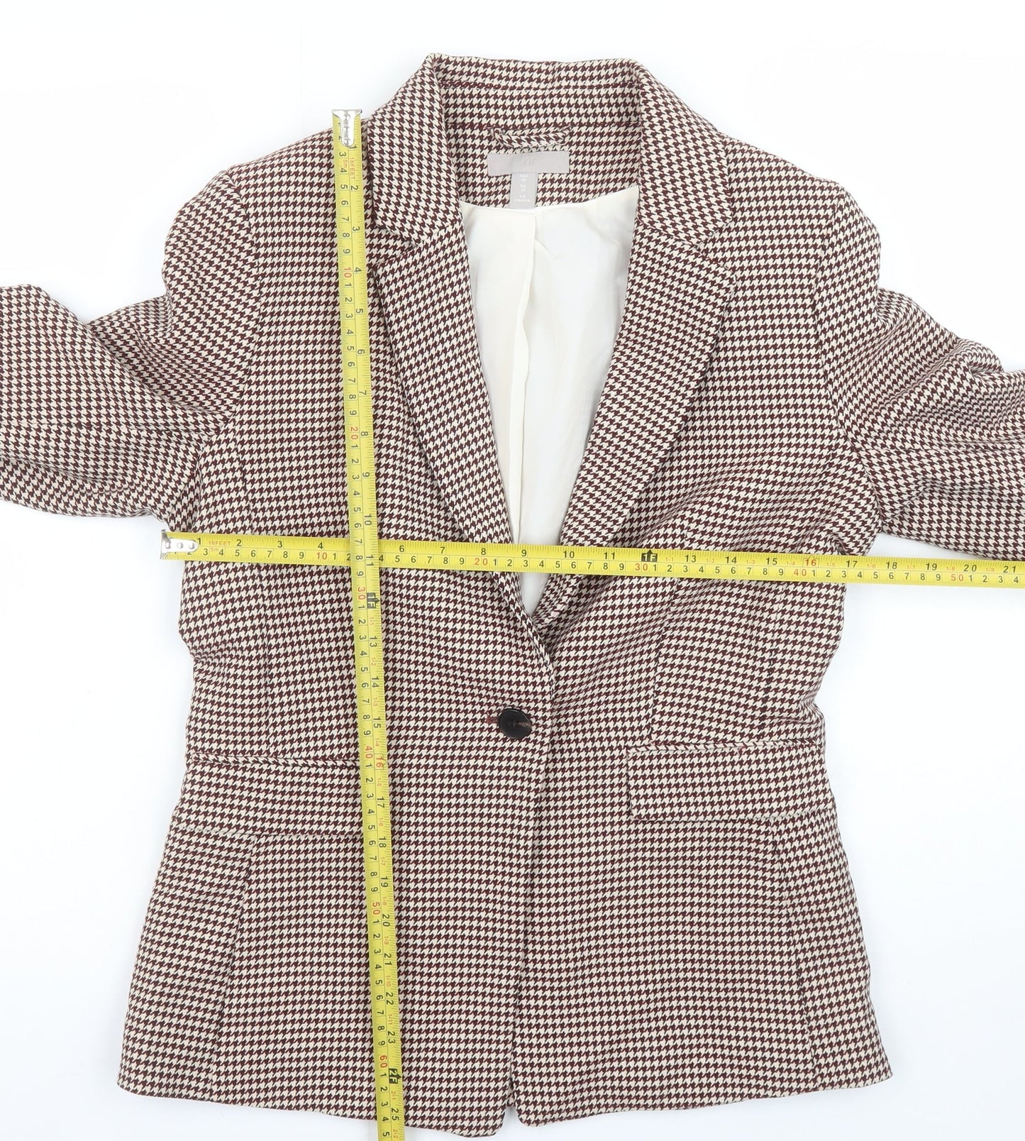 H&M Women Brown Houndstooth Blazer UK 12 Single-Breasted Tailored Jacket