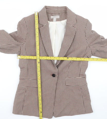 H&M Women Brown Houndstooth Blazer UK 12 Single-Breasted Tailored Jacket