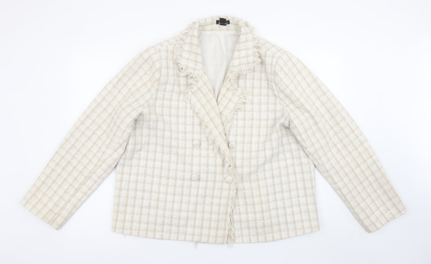 Boohoo Women Beige Check Double-Breasted Blazer UK 18 Tweed Style