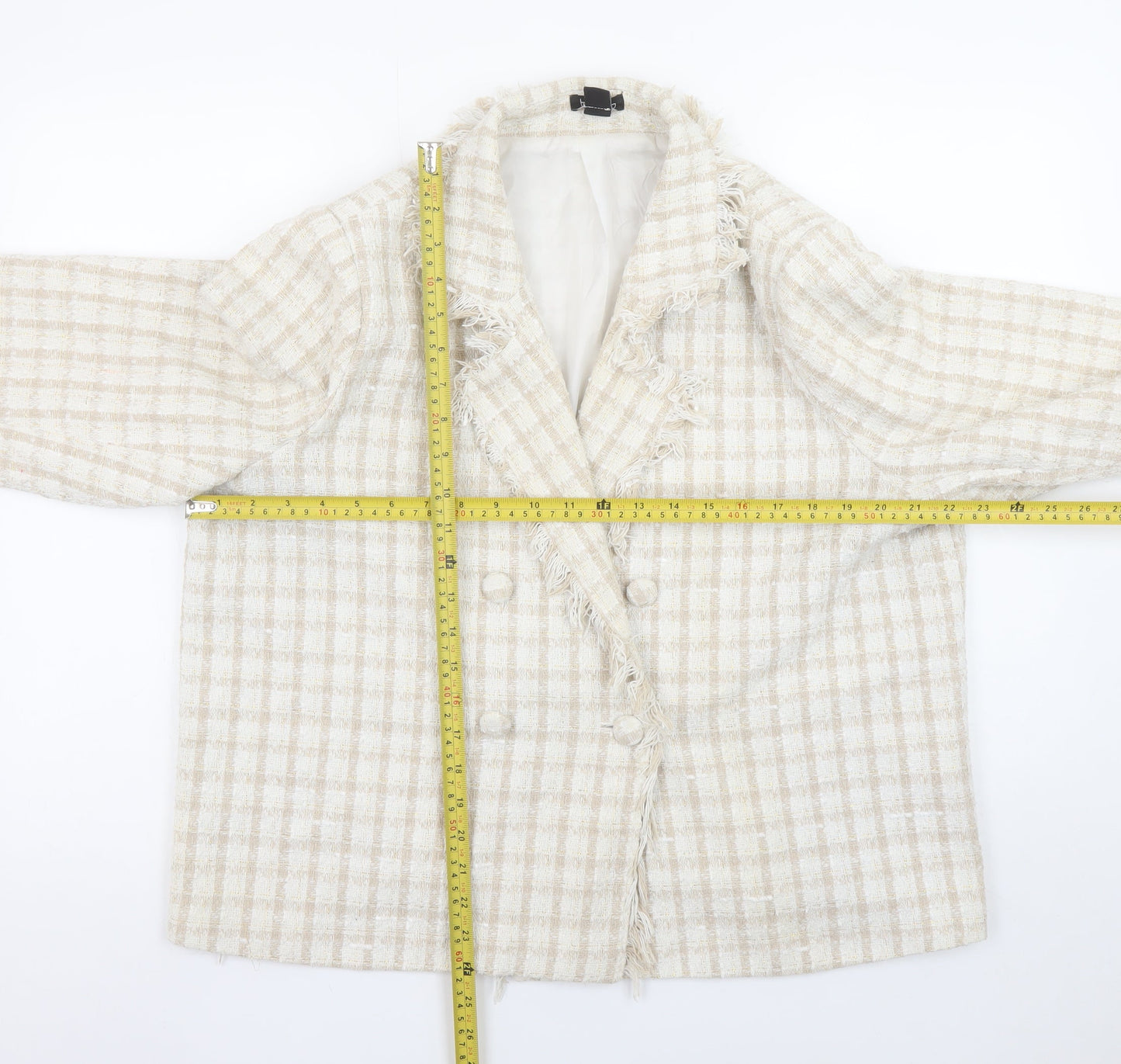 Boohoo Women Beige Check Double-Breasted Blazer UK 18 Tweed Style