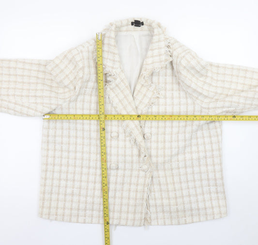Boohoo Women Beige Check Double-Breasted Blazer UK 18 Tweed Style