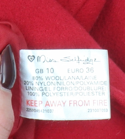 Miss Selfridge Women’s Red Wool Blend Long Zip Coat Size 10