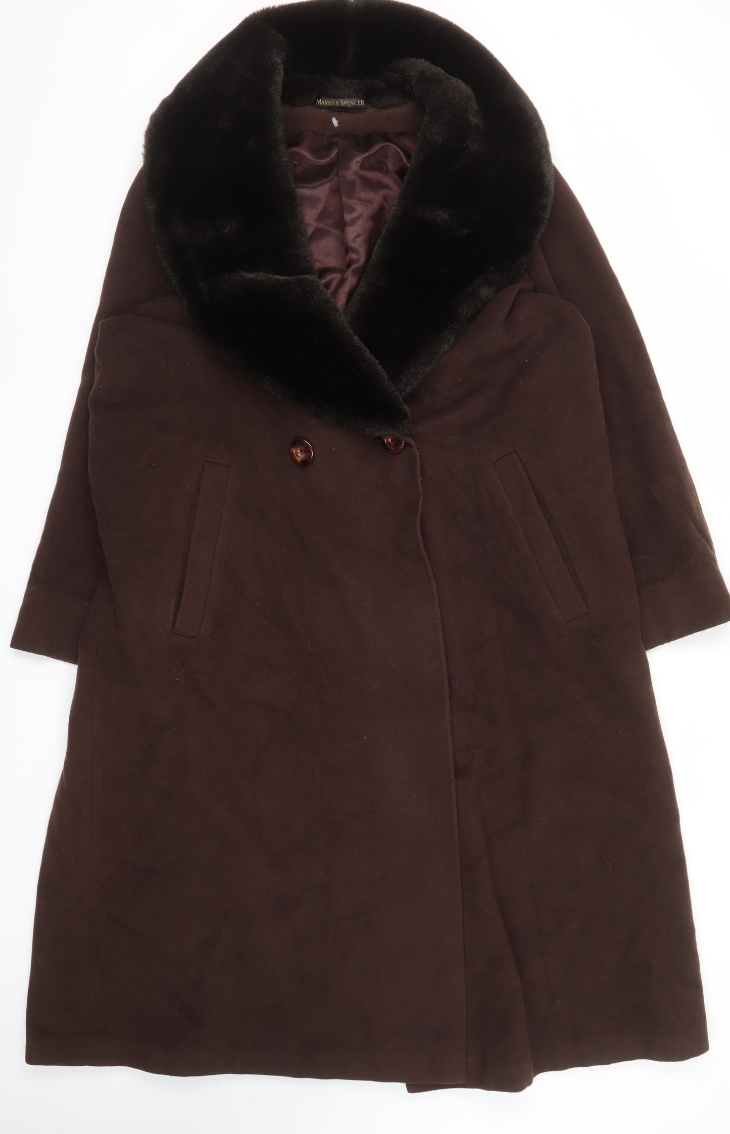 Marks and Spencer Women Brown Wool Angora Coat Size 12 Fur Trim