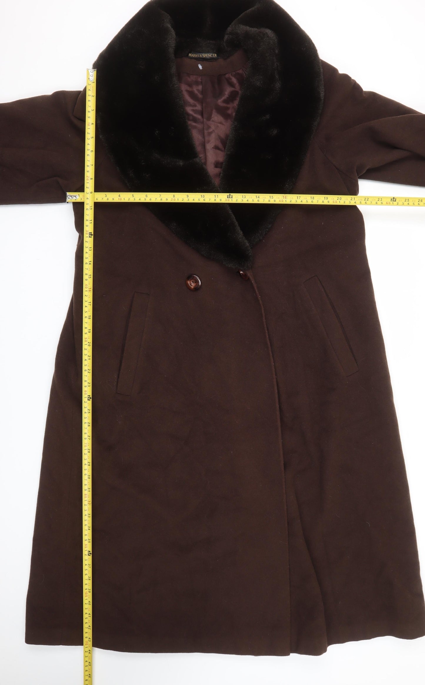 Marks and Spencer Women Brown Wool Angora Coat Size 12 Fur Trim