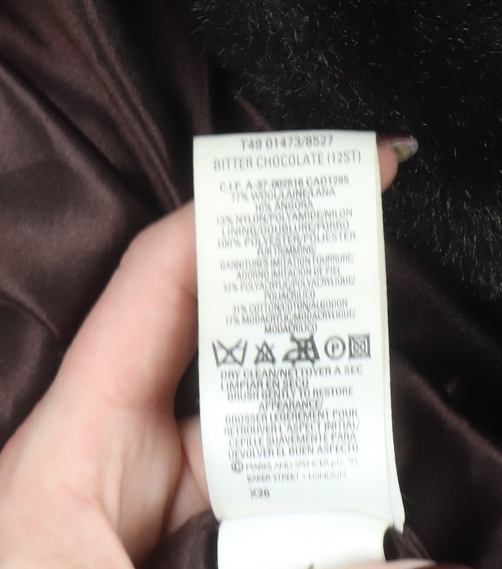 Marks and Spencer Women Brown Wool Angora Coat Size 12 Fur Trim