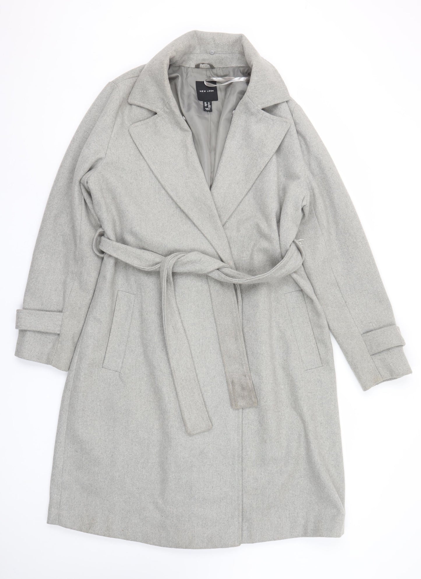 New Look Women Grey Belted Long Trench Coat Size 14