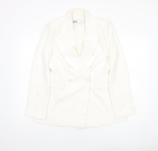 Zara Women White Double-Breasted Blazer Jacket Size S Tailored Fit