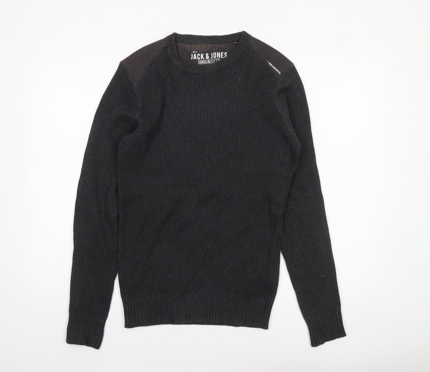 Jack & Jones Mens Black Crew Neck Ribbed Knit Jumper Size M