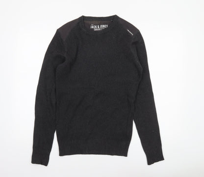 Jack & Jones Mens Black Crew Neck Ribbed Knit Jumper Size M