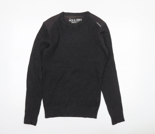 Jack & Jones Mens Black Crew Neck Ribbed Knit Jumper Size M