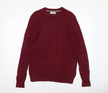 Jack Russell Men's Red Cable-Knit Cotton Jumper M Crew Neck Sweater