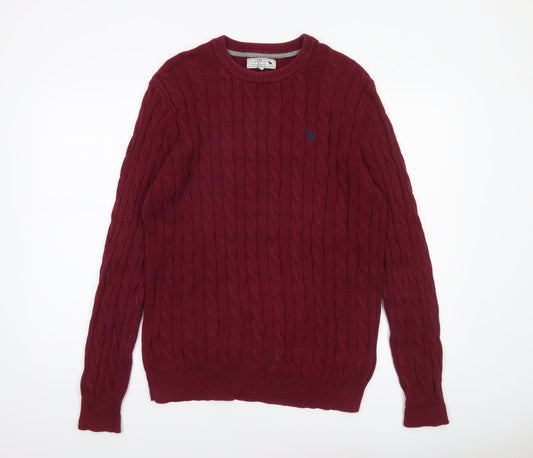 Jack Russell Men's Red Cable-Knit Cotton Jumper M Crew Neck Sweater