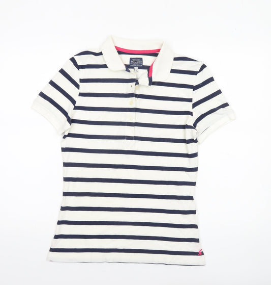 Joules Womens White Navy Striped Polo Shirt Size 8 Short Sleeve