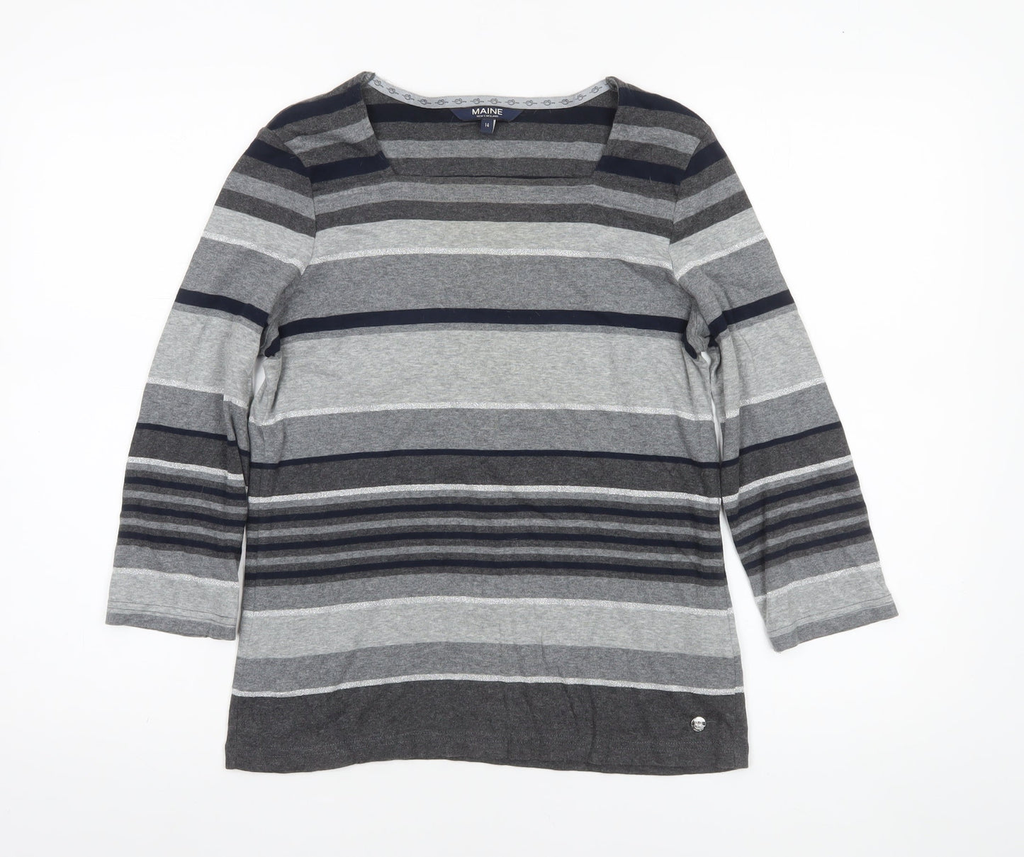 Maine New England Women’s Grey Striped 3/4 Sleeve Cotton Top Size 14