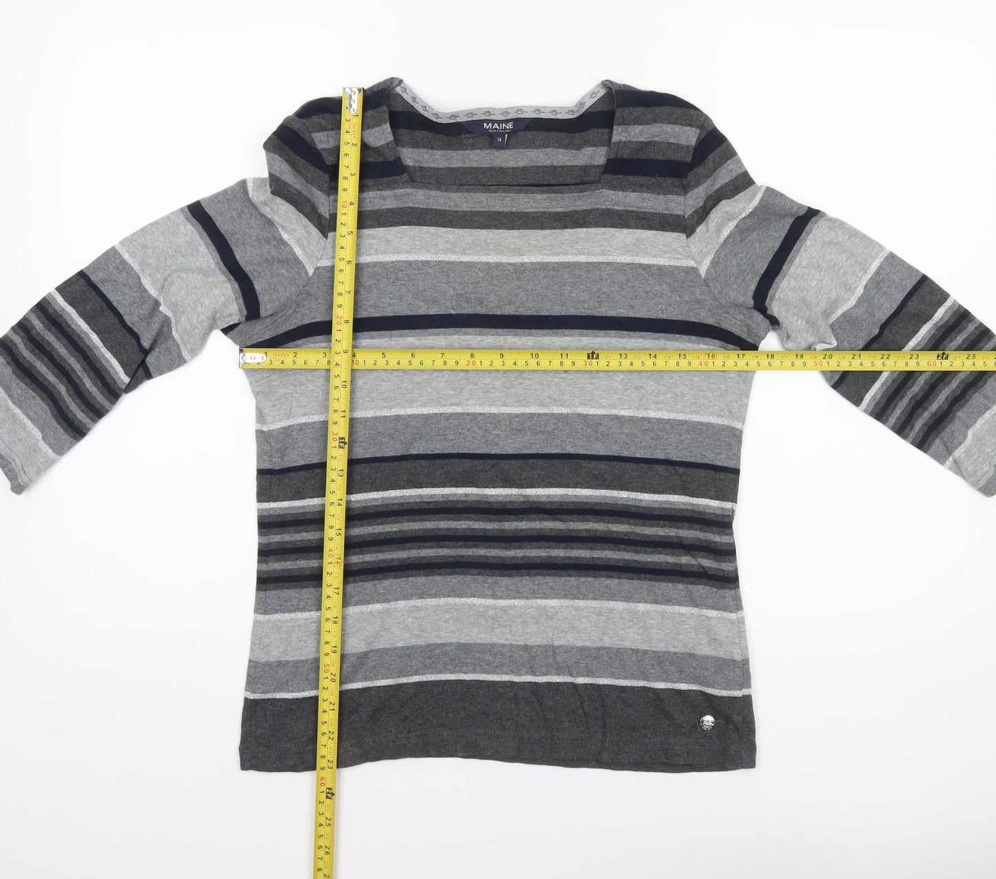 Maine New England Women’s Grey Striped 3/4 Sleeve Cotton Top Size 14