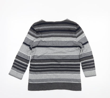 Maine New England Women’s Grey Striped 3/4 Sleeve Cotton Top Size 14