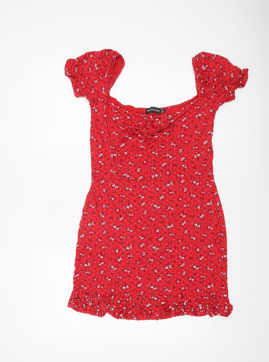 PrettyLittleThing Women's Red Floral Short Puff Sleeve Bodycon Dress UK16