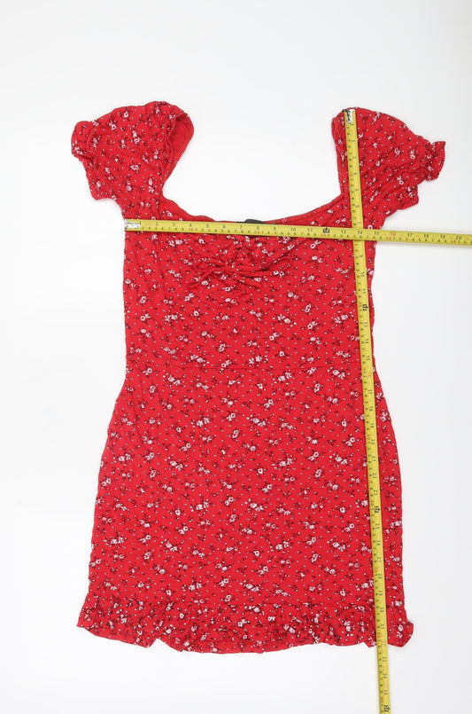 PrettyLittleThing Women's Red Floral Short Puff Sleeve Bodycon Dress UK16
