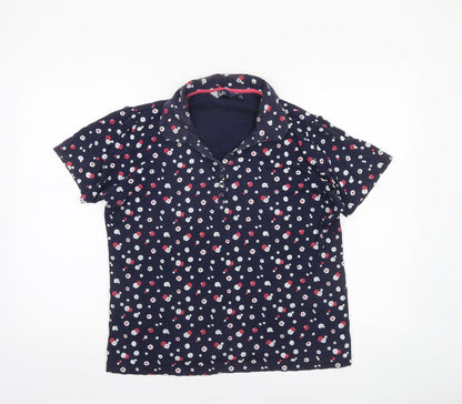 Isle Women Navy Floral Polo Shirt L 18-20 Short Sleeve Cotton