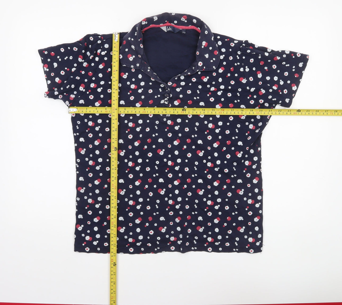 Isle Women Navy Floral Polo Shirt L 18-20 Short Sleeve Cotton