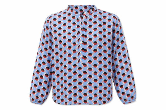 Front view of Gallery Women's Blue Geometric Long Sleeve Blouse UK 10